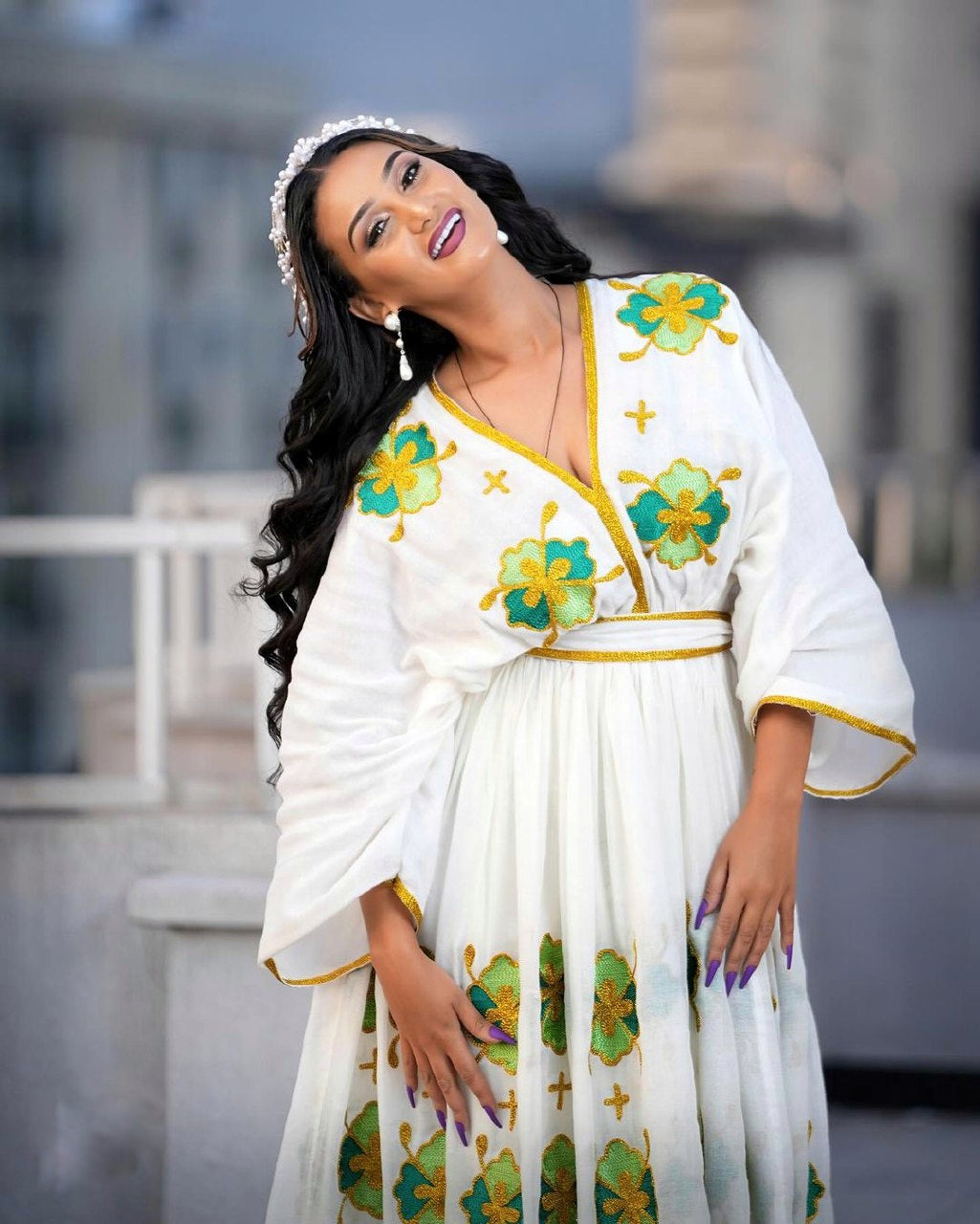 Stylish Elegance Green and Blue Habesha Dress Chic Habesha Kemis