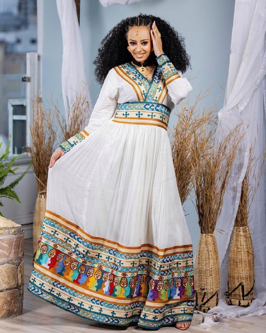 Robe Habesha exquise au design coloré en Kemis éthiopien traditionnel Habesha