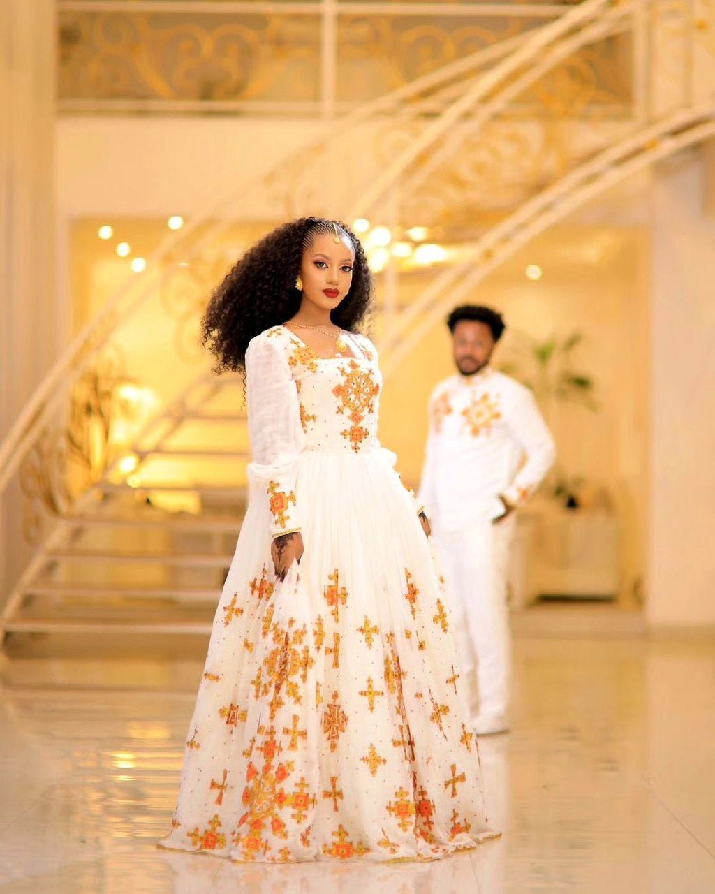 Beautiful Light-Color Design Habesha Couples Outfit Ethiopian Traditional Wedding Attire