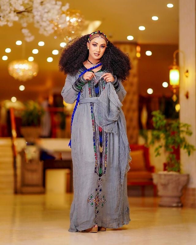 Elegant Dark Habesha Dress: Cultural Ethiopian Traditional Habesha Kemis