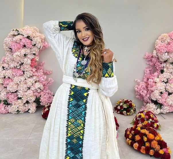 Cultural Darker Blue Habesha Dress Ethiopian Traditional Habesha Kemis