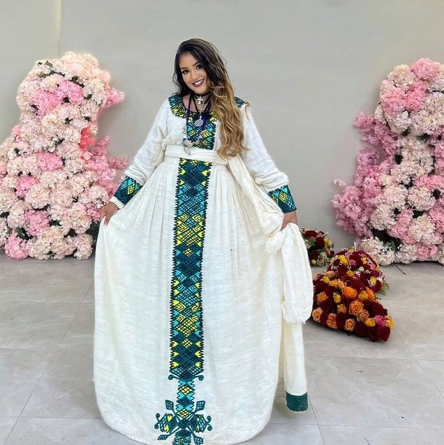 Cultural Darker Blue Habesha Dress Ethiopian Traditional Habesha Kemis