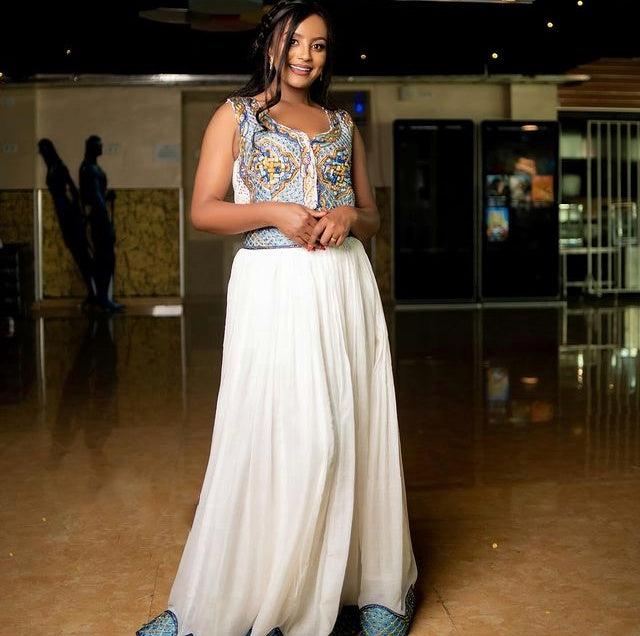 Stylish Blue Habesha Dress Modern Ethiopian Traditional Dress