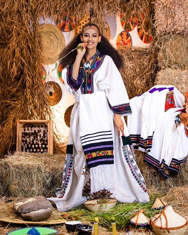 Elegant Dark-Toned Ethiopian Traditional Dress Beautiful Habesha Dress