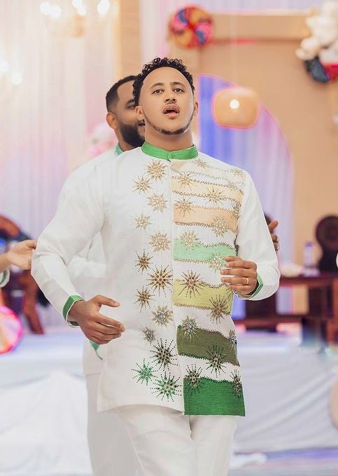 Stylish Green Design Habesha Men's Shirt Modern Habesha Shirt for Wedding