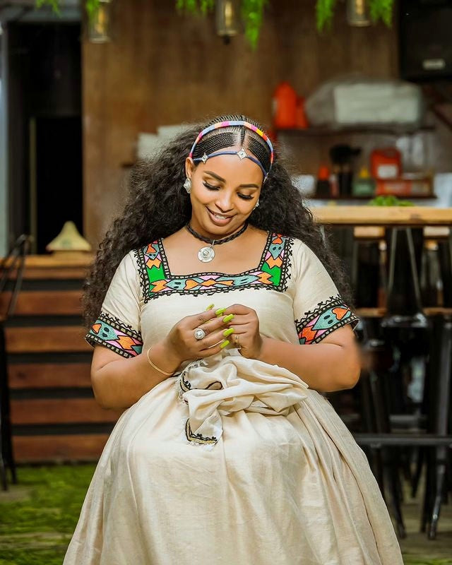 Elegant Cream Ethiopian Traditional Dress Cultural Habesha Dress for Ashenda