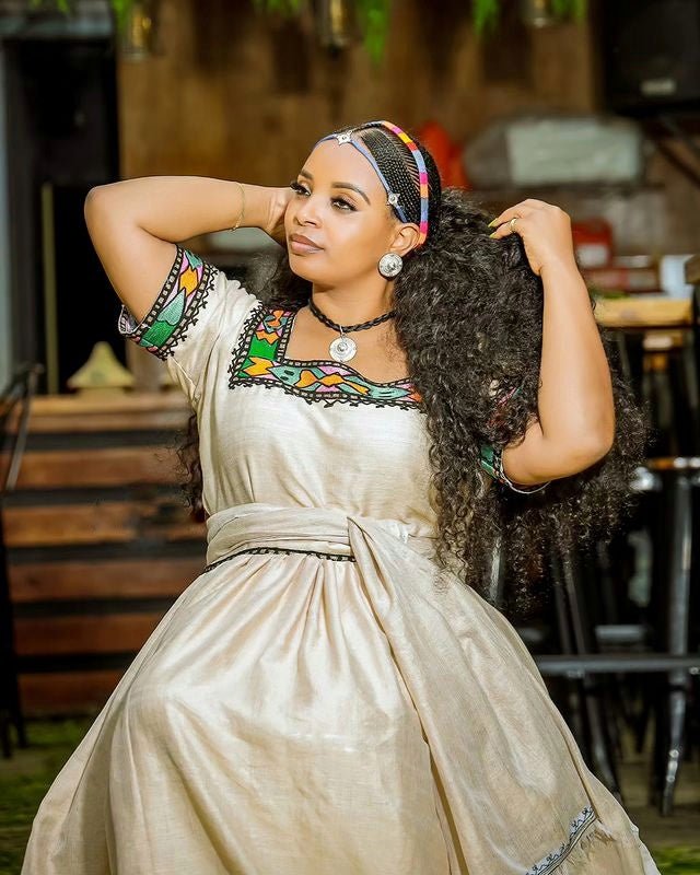 Elegant Cream Ethiopian Traditional Dress Cultural Habesha Dress for Ashenda