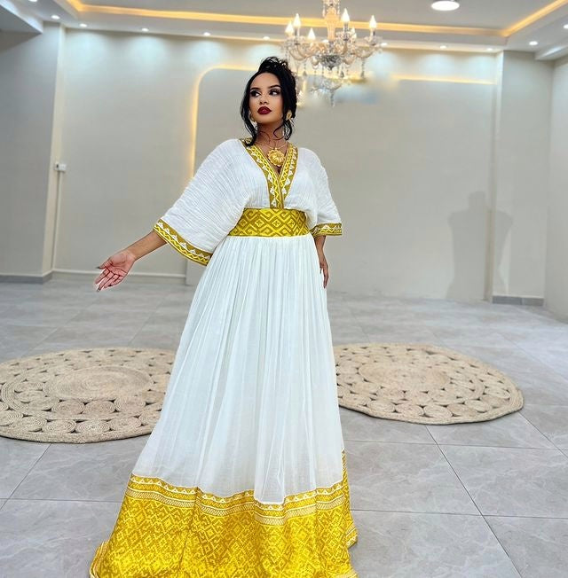 Exquisite Golden Yellow Habesha Dress Ethiopian Dress Design Stunning Habesha Kemis