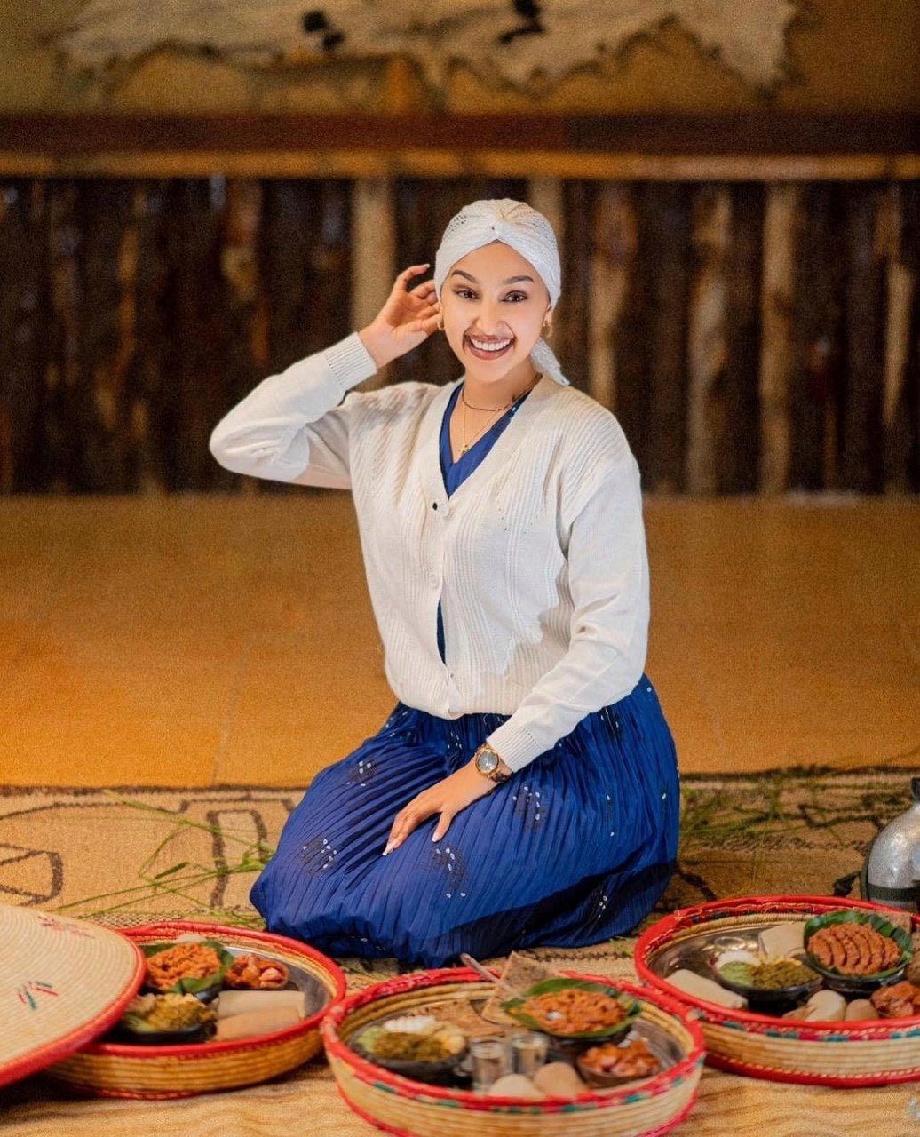 Elegant Dark Blue Gurage Cultural Dress with White Sweater Gurhaghe Dress Ethiopian Cultural Dress