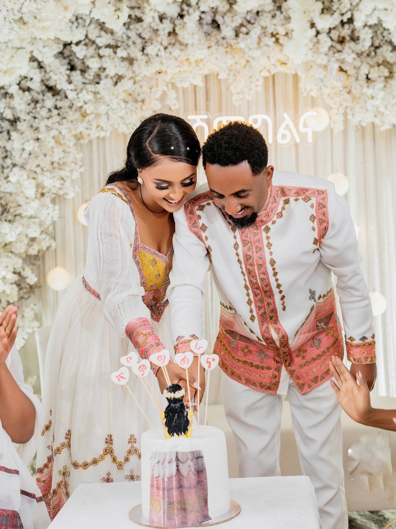 Couple Habesha Outfit with Multicolor Embroidery Elegant Matching Ethiopian Traditional Dress 214