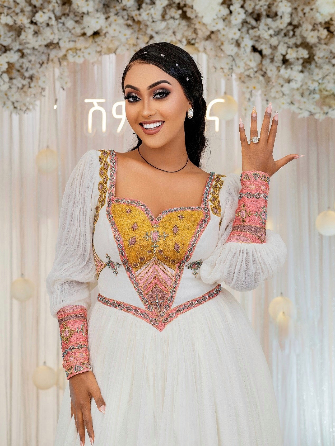Couple Habesha Outfit with Multicolor Embroidery Elegant Matching Ethiopian Traditional Dress 214