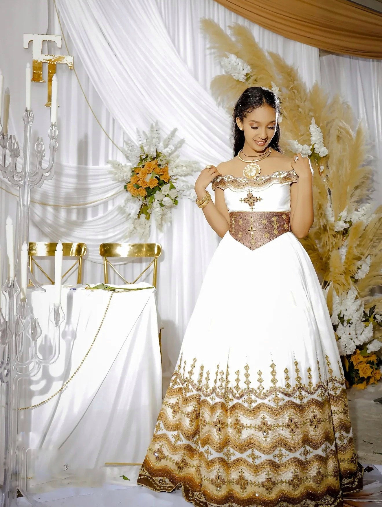 Off-Shoulder Habesha dress Habesha Kemis With Gold Embroidery Ethiopian Wedding Dress 218