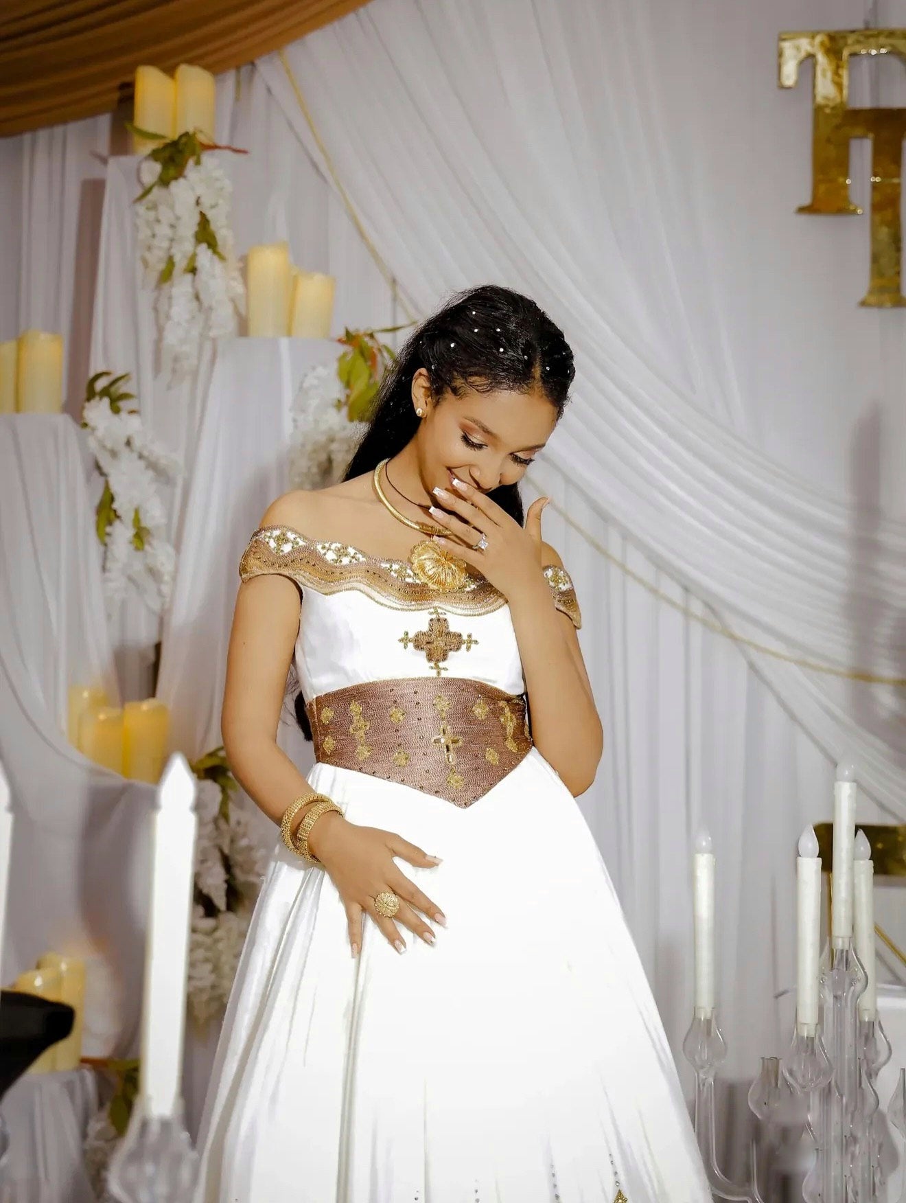 Off-Shoulder Habesha dress Habesha Kemis With Gold Embroidery Ethiopian Wedding Dress 218