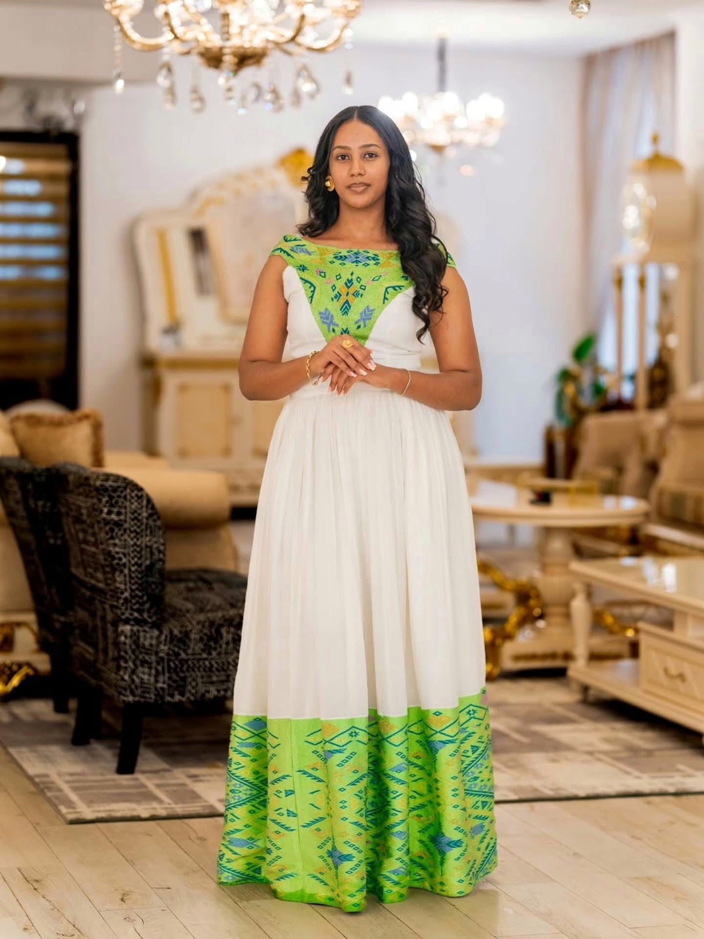 Green Embroidery Habesha Kemis Authentic Habesha Dress Ethiopian Traditional Dress 220