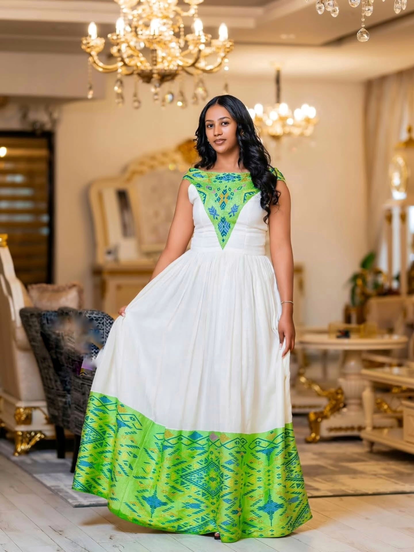 Green Embroidery Habesha Kemis Authentic Habesha Dress Ethiopian Traditional Dress 220