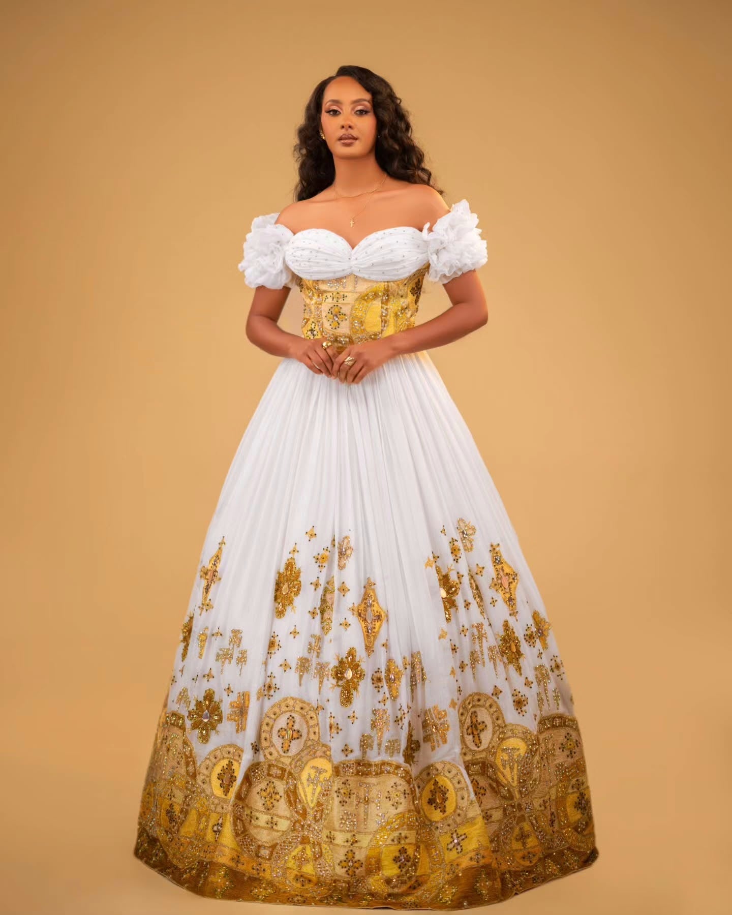 Off-Shoulder Habesha Kemis Traditional Ethiopian Wedding Dress Gold Embroidery Habesha Dress 173