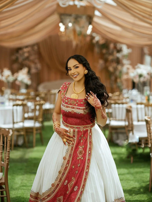 Traditional Ethiopian Wedding Dress – Red and Gold Embroidery Habesha Kemis & Eritrean Dress Elegance
