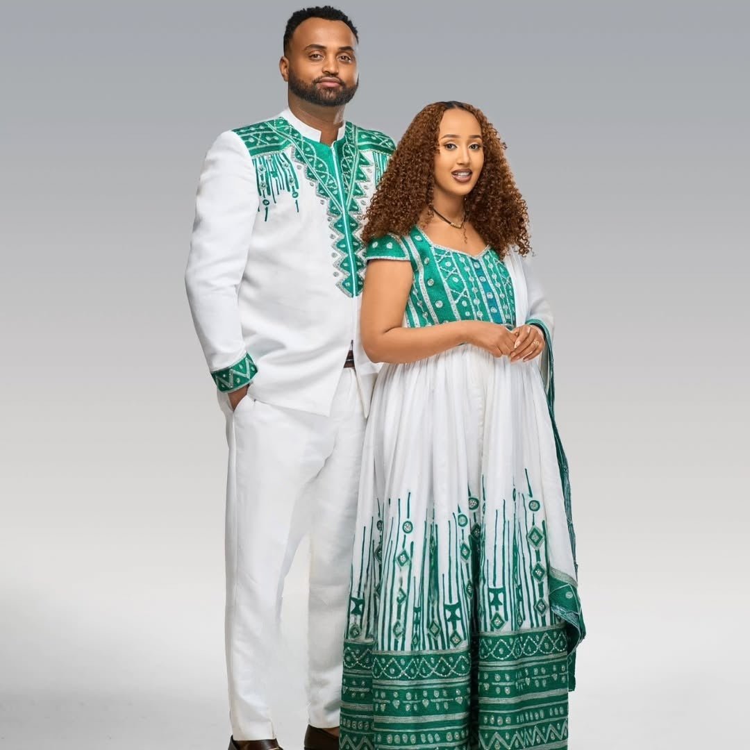Matching Habesha Wedding Attire for Couples Eritrean Zuria with Green Accents