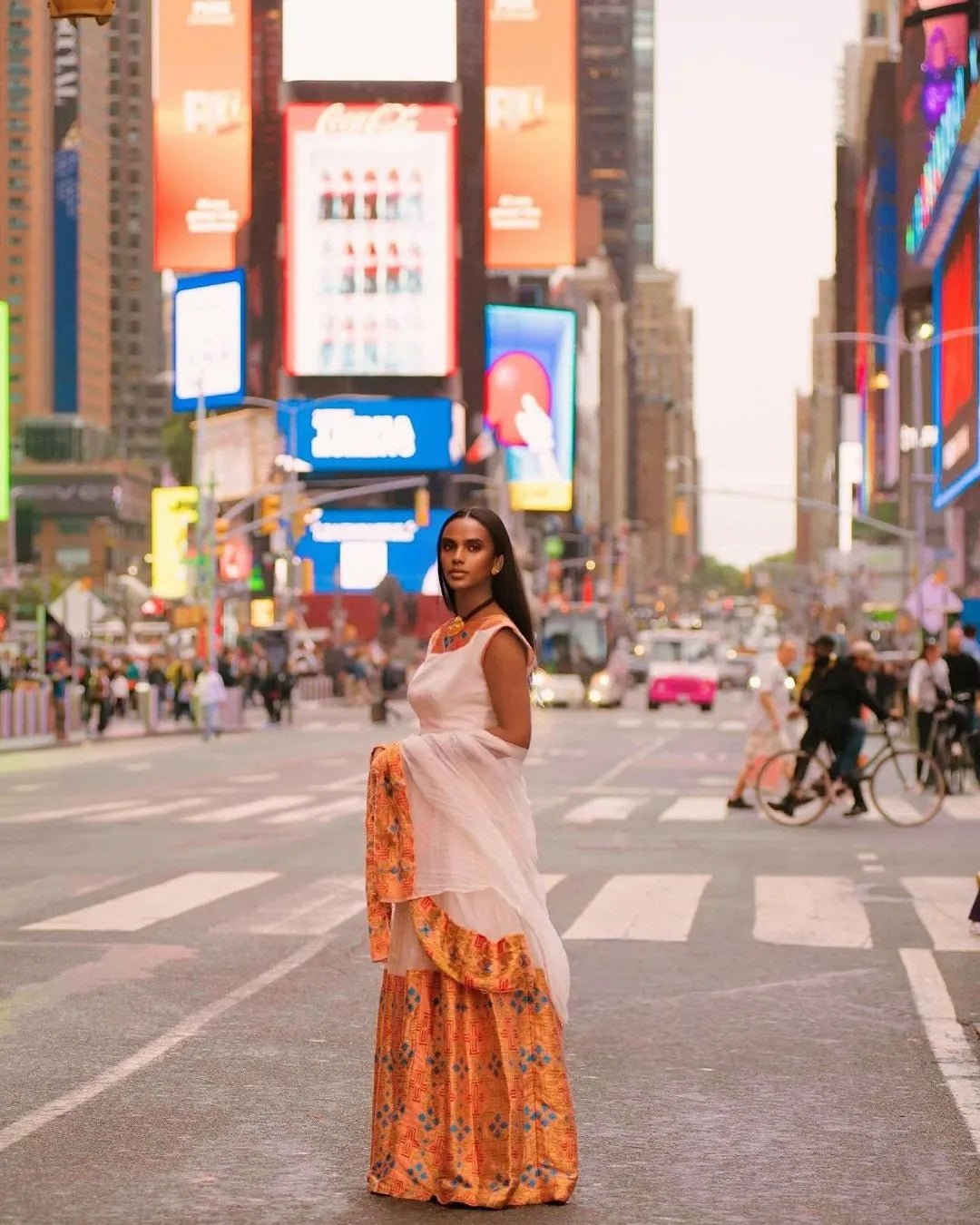 Chic Look with Orange Habesha Dress: with Blue and Red Elegant Patterns Traditional Ethiopian Dress
