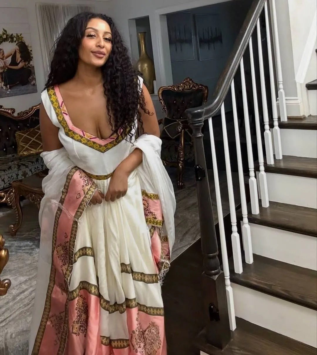 Sweet Pink Habesha Dress: with Simple Golden Patterns Traditional Ethiopian Stunning Habesha Kemis