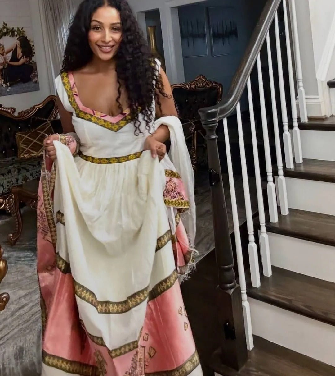 Sweet Pink Habesha Dress: with Simple Golden Patterns Traditional Ethiopian Stunning Habesha Kemis