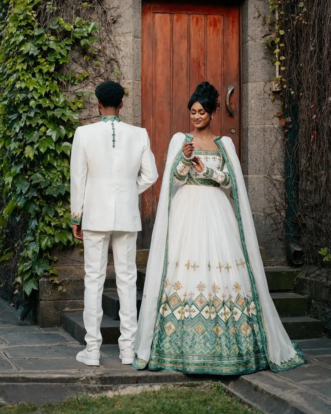 Celebrating Abiding Love in Green Ethiopian Couples Outfit Back