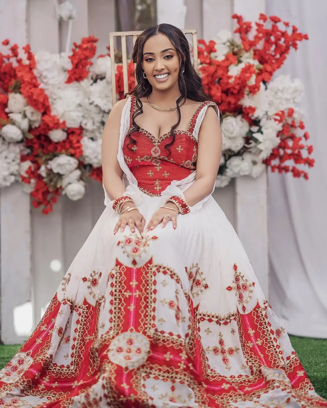 Contemporary Red Traditional Ethiopian Dress: Golden Cross Embellishment on Corset Habesha Dress Beautiful Ethiopian Wedding Dress