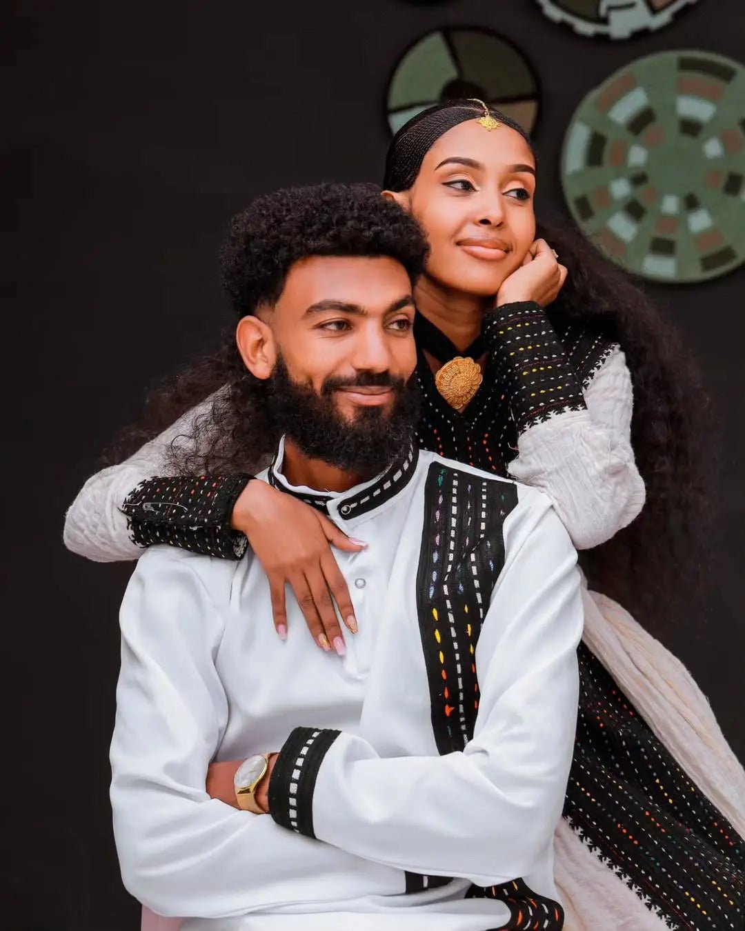 Paradise Unity in Darker Ethiopian Couples Outfit: Cultural Matching Habesha Wedding Attire
