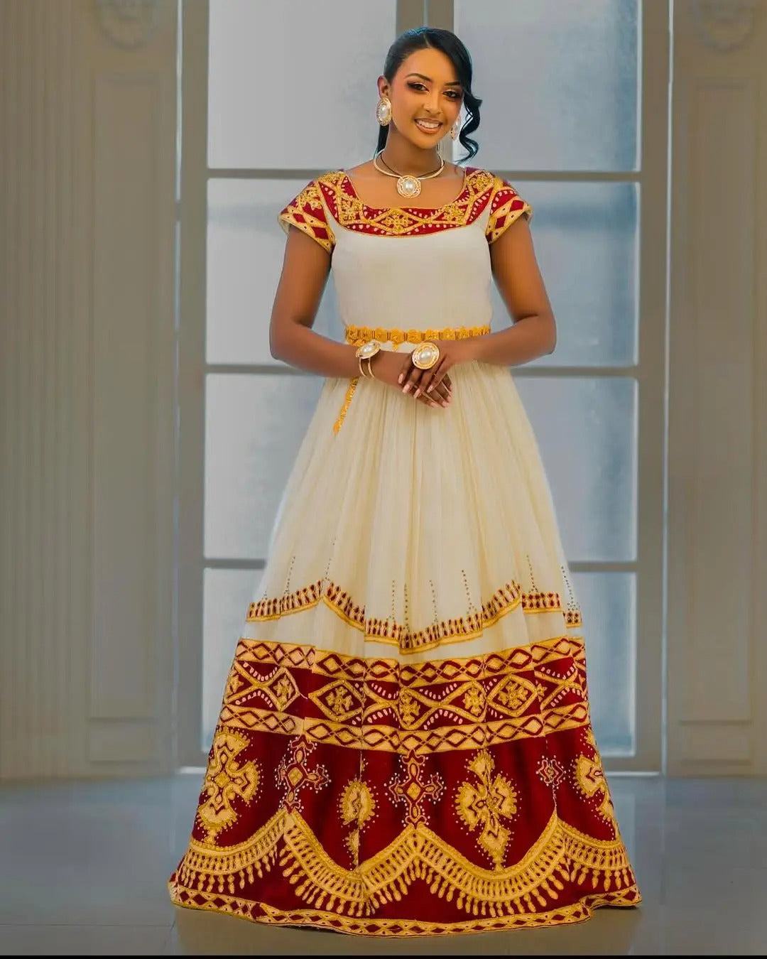 Captivating Golden with Deep Red Habesha Dress
