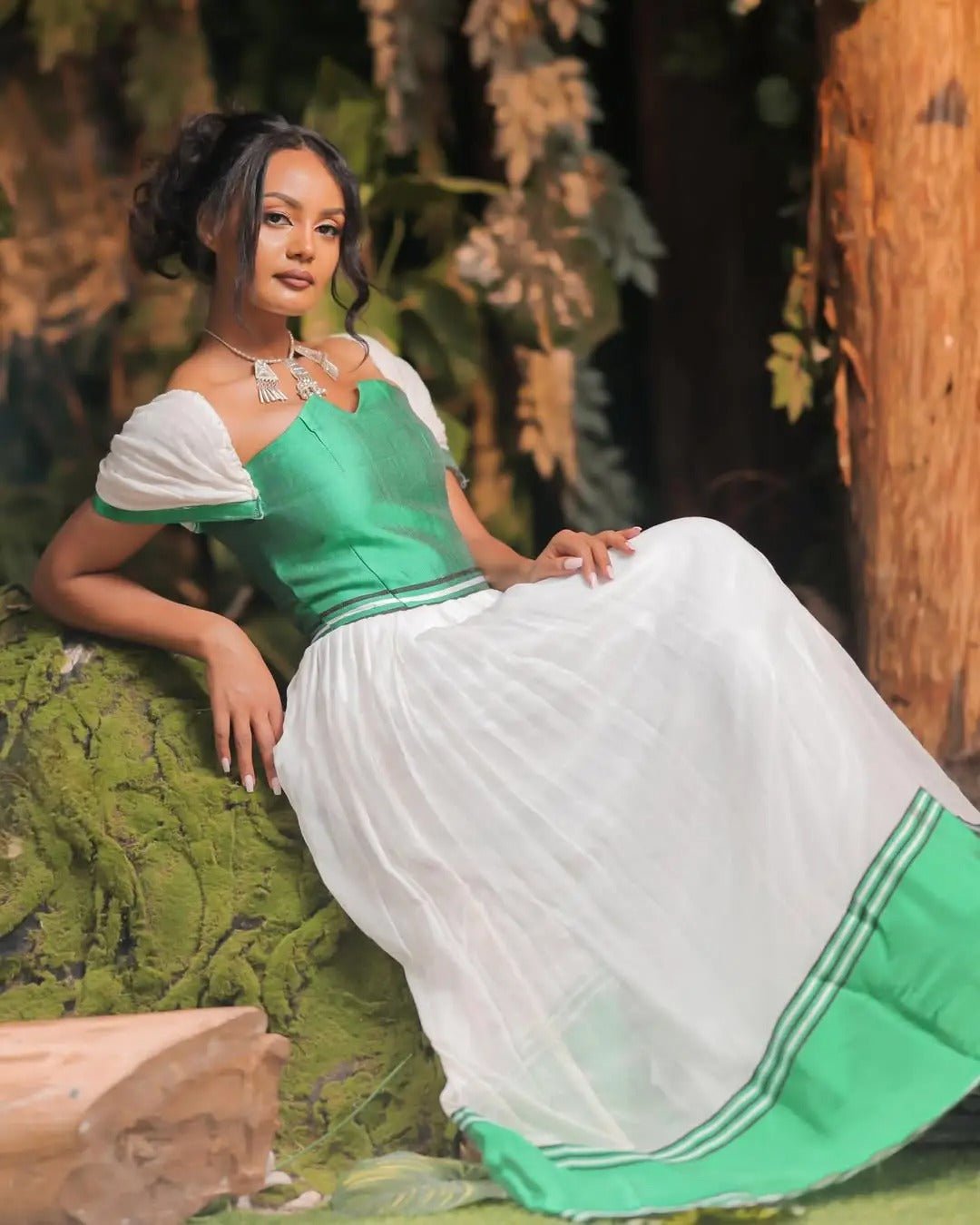 Off Shouldered Bright Green Habesha Dress: Heart Shaped Neckline Traditional Ethiopian Dress for Cultural Celebrations Habesha Kemis