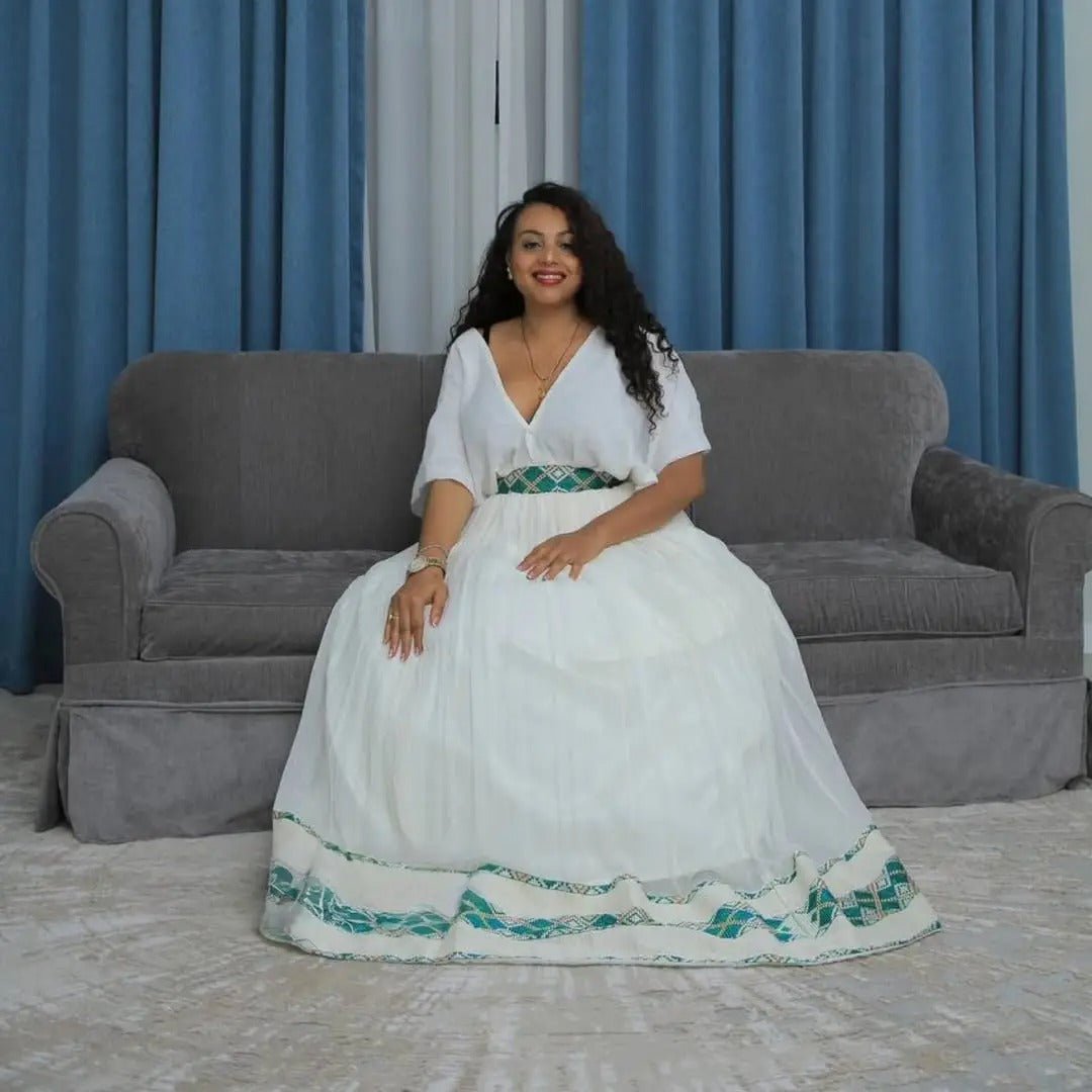 Simple Yet Elegant Green Traditional Ethiopian Dress: Modest Design Habesha Dress Cultural Habesha Kemis