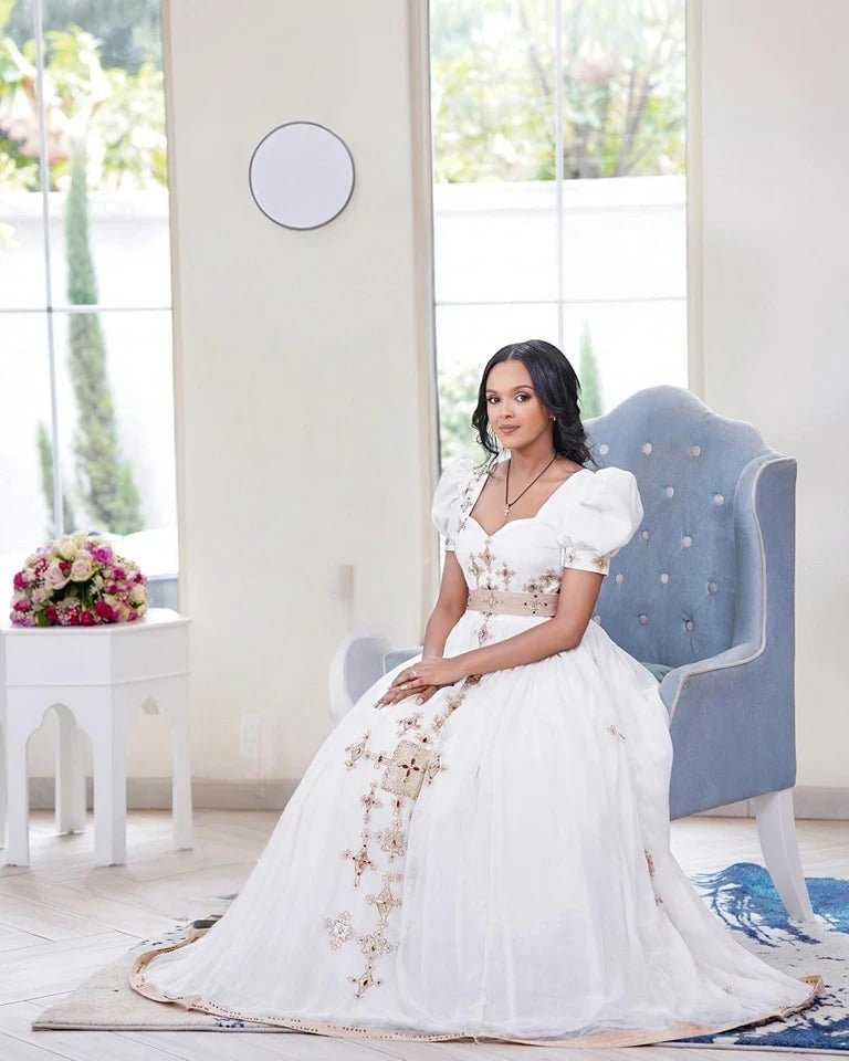 Timeless Silver Habesha Wedding Dress: Red Beaded Traditional Ethiopian Wedding Dress Elegant Eritrean Clothing