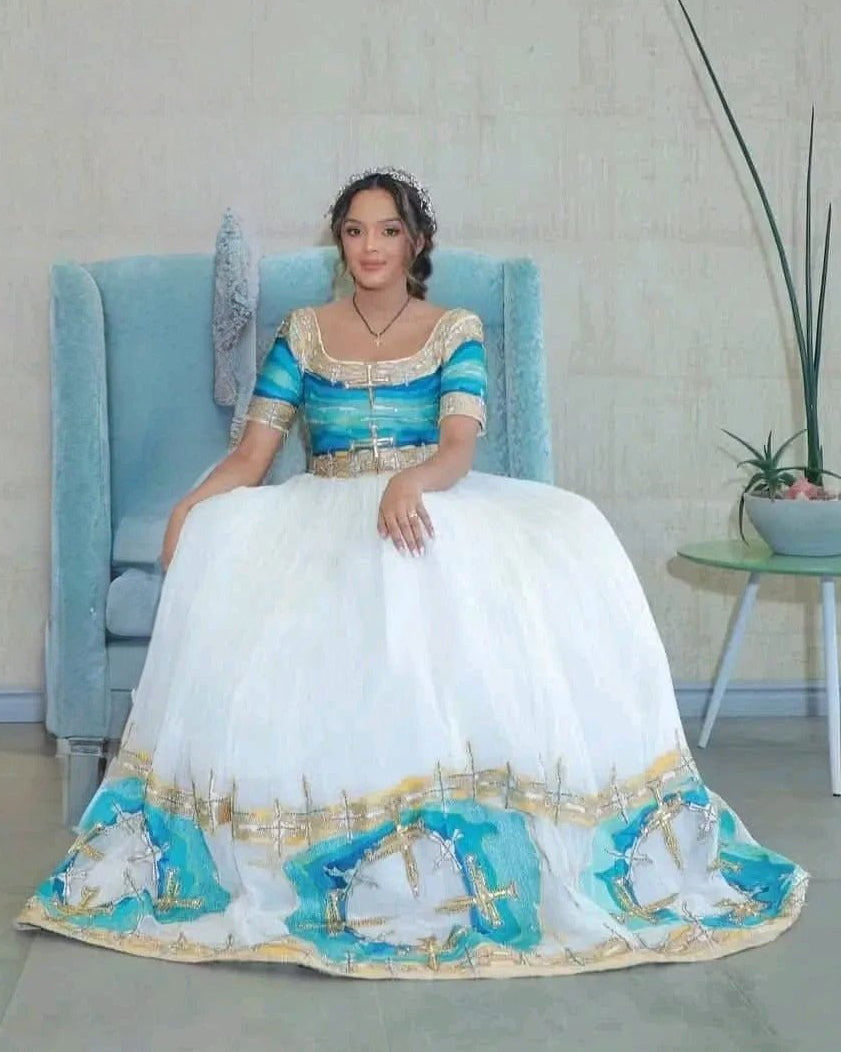 Charming Blue Traditional Ethiopian Wedding Dress: with Golden Embellishments Habesha Dress Beautiful Habesha Kemis