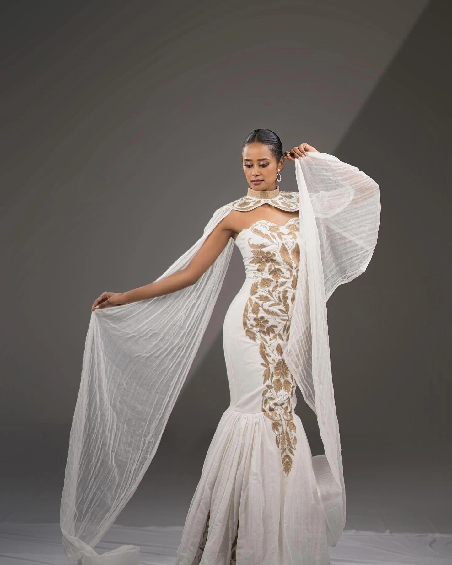 Stylish Strapless Traditional Ethiopian Dress: with Draping Cape and Golden Detailing Habesha Dress Modern Ethiopian Wedding Dress