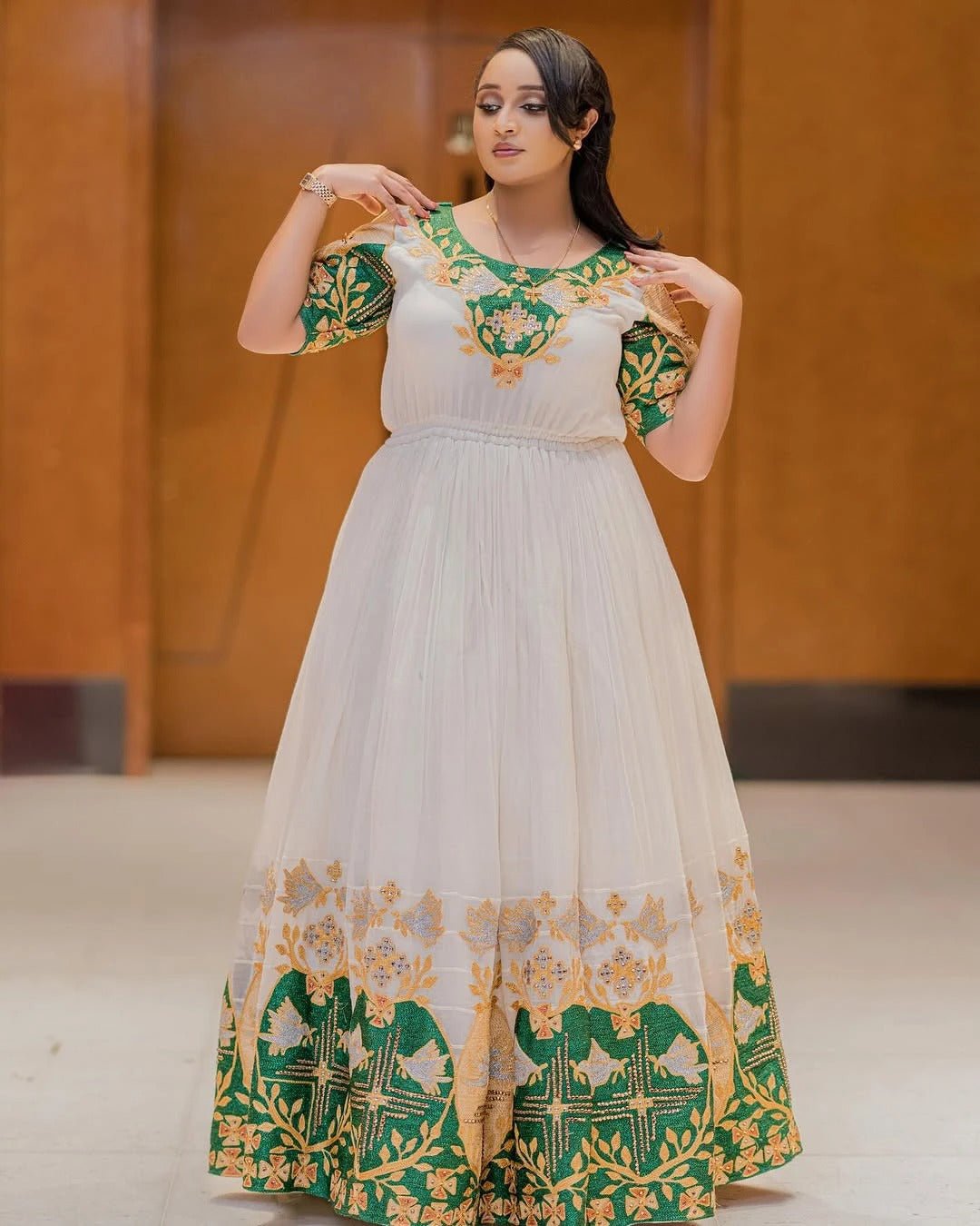 Graceful Green and Golden Traditional Ethiopian Dress: with Shimmering Detailing Habesha Dress Modest Look Eritrean Dress