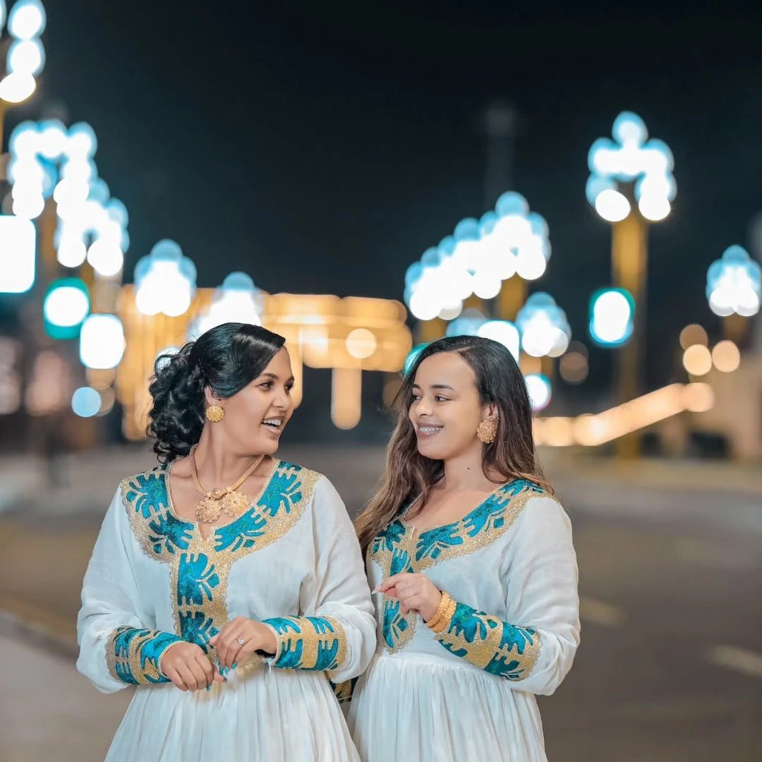 Stunning Green Habesha Dress: with Golden Mesmerizing Embroidery Traditional Ethiopian Dress Beautiful Habesha Kemis