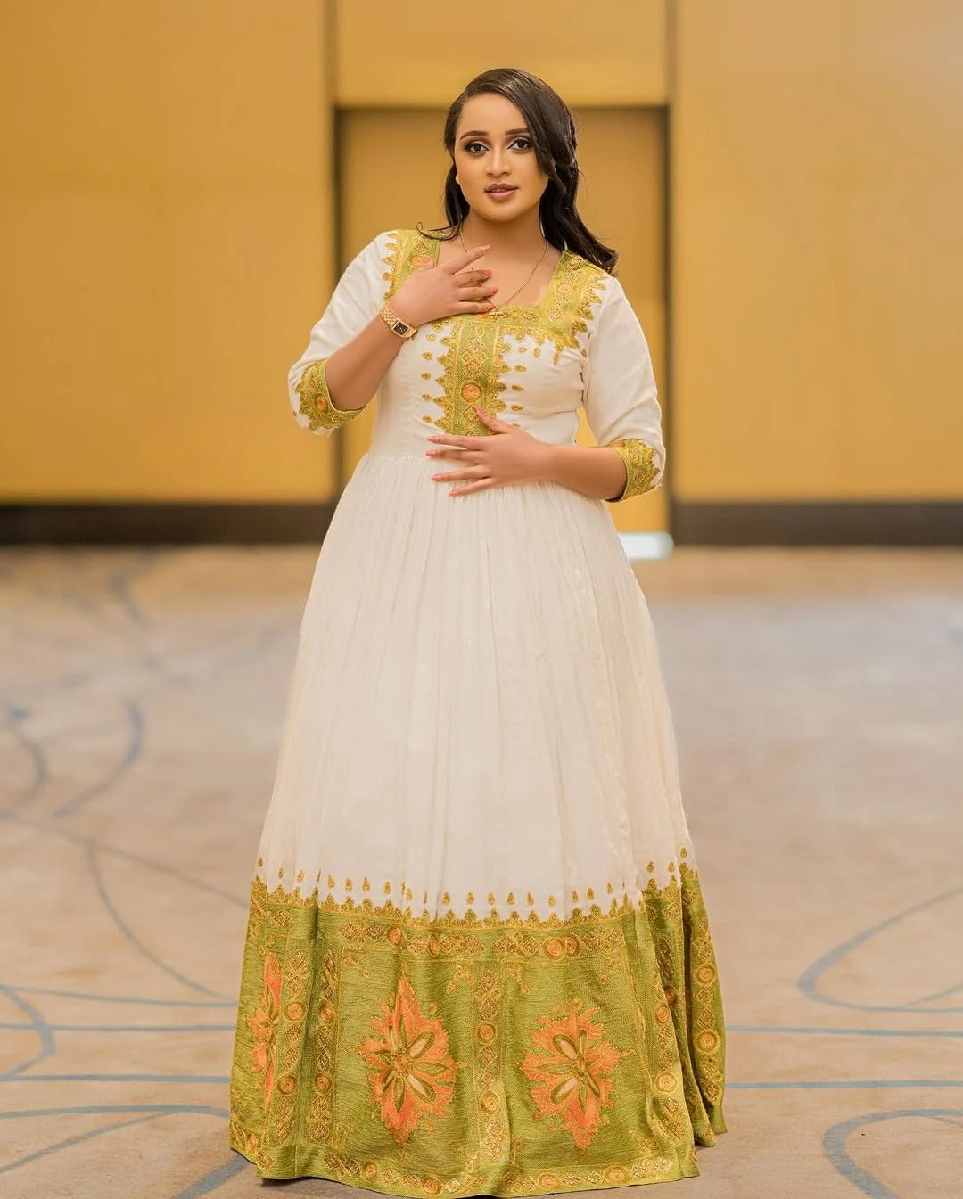Radiant Lemon Green Ethiopian Dress: Golden Embroidery on Traditional Dress for Religious and Cultural Events Ethiopian Cloth