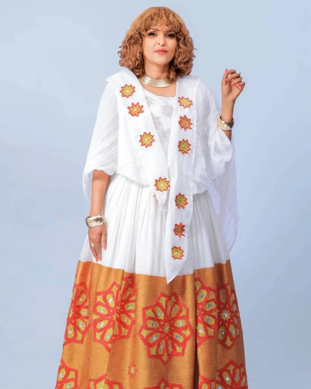 Marvelous Orange Ethiopian Dress: with Red and Yellow Flowery Designs Habesha Dress for Graceful Look Traditional Dress