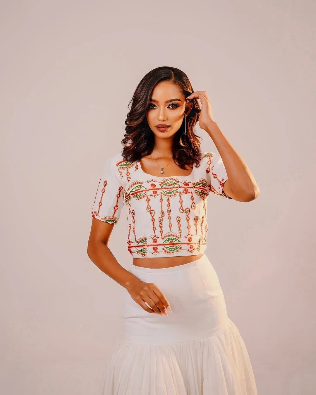Stylish Red Ethiopian Top and Skirt Set: Green Patterns on Traditional Dress Modern Dress Habesha Cloth