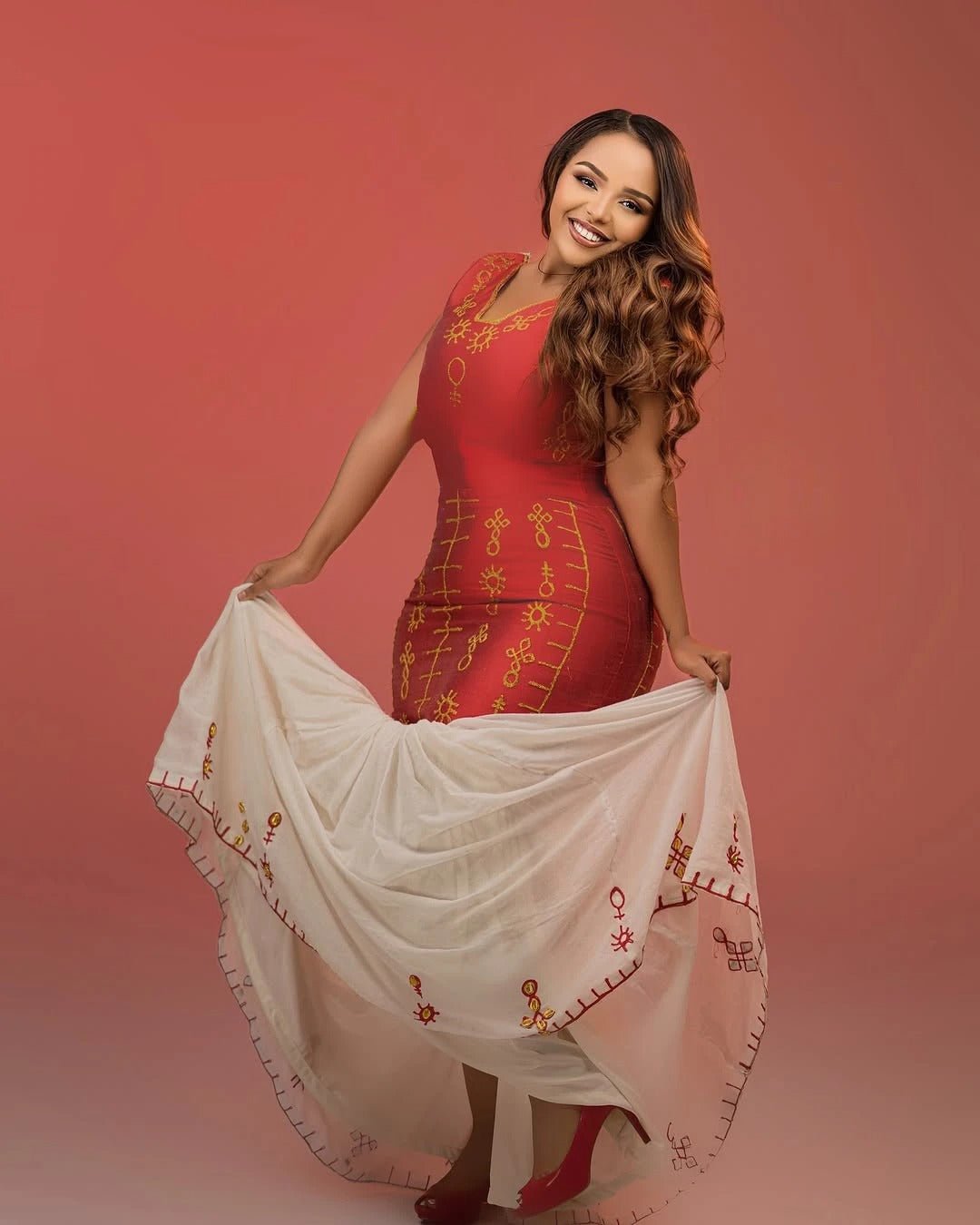 Captivating Mermaid Red Traditional Dress: Golden Handstitched Ornaments Along Habesha Clothing Modern Ethiopian Clothing
