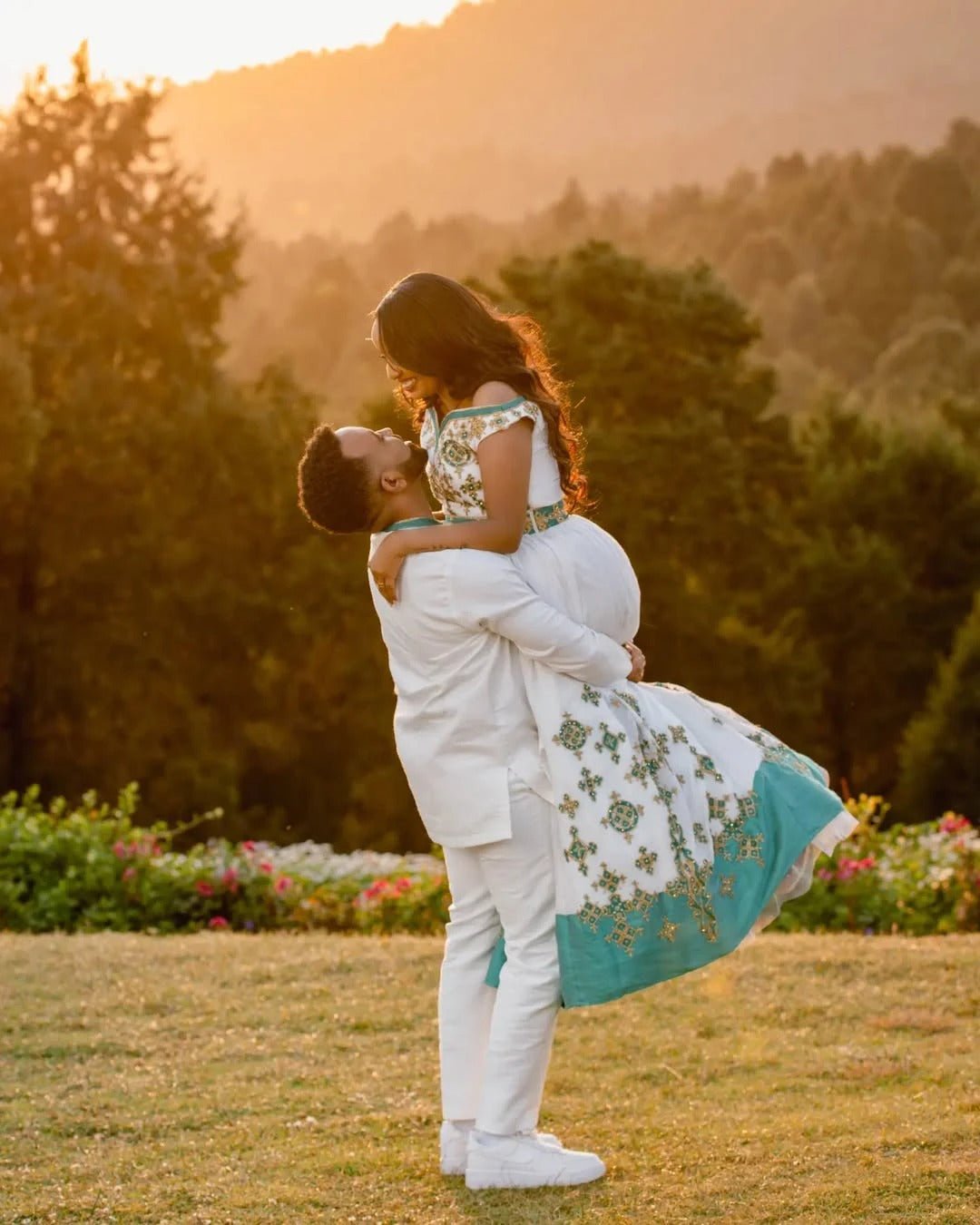 Flawless Green Matching Ethiopian Couples Outfit: Detailed Cultural Designing Habesha Couples Wedding Attire