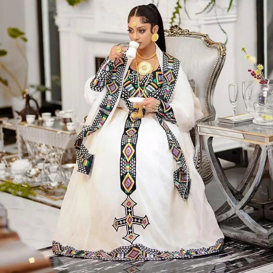 Modern Darker Tilet Habesha Kemis: Contemporary Ethiopian Dress Style with Elegant Detailing