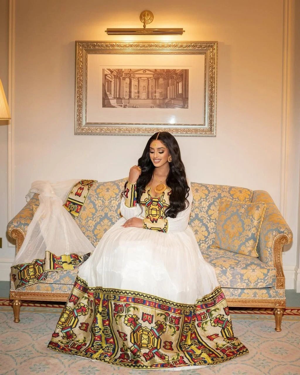 Elegant Habesha Dress with Golden Yellow and Brown Tibeb For An Event And Cultural Celebration