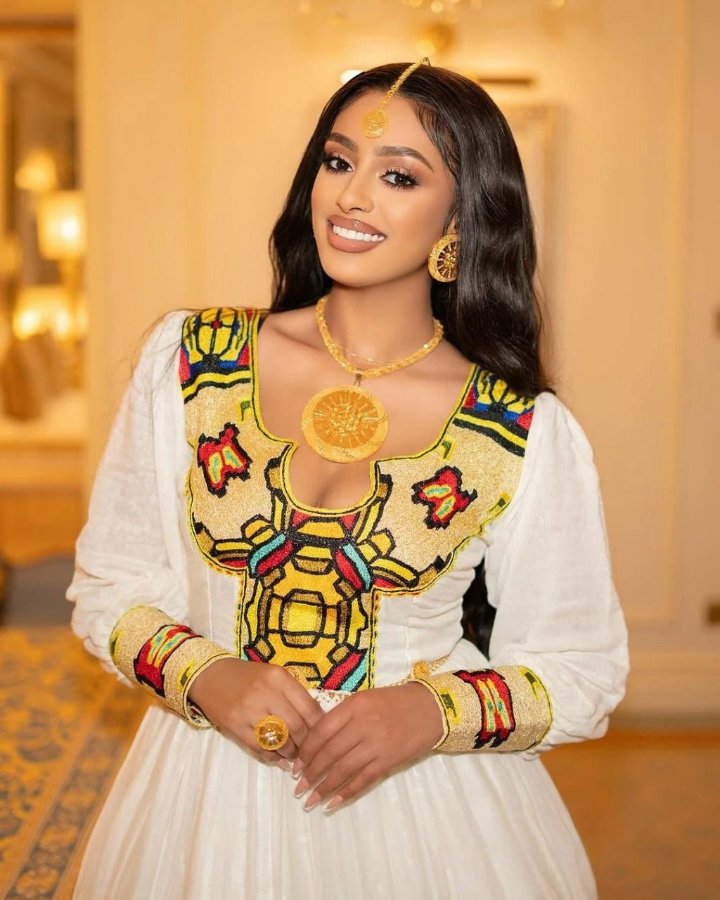 Elegant Habesha Dress with Golden Yellow and Brown Tibeb For An Event And Cultural Celebration
