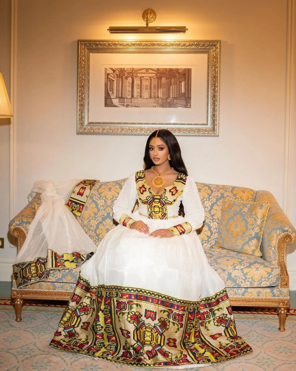 Elegant Habesha Dress with Golden Yellow and Brown Tibeb For An Event And Cultural Celebration