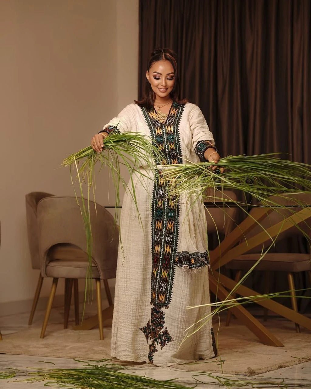 Elegant Ethiopian Dress with Colorful Handwoven Embroidery for Cultural Celebrations