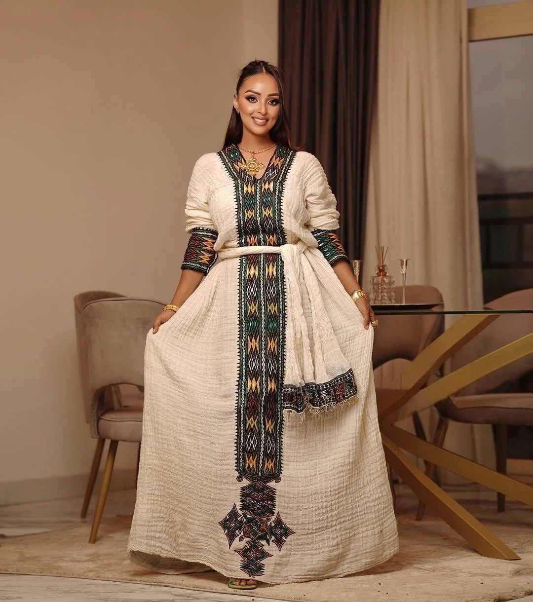 Elegant Ethiopian Dress with Colorful Handwoven Embroidery for Cultural Celebrations
