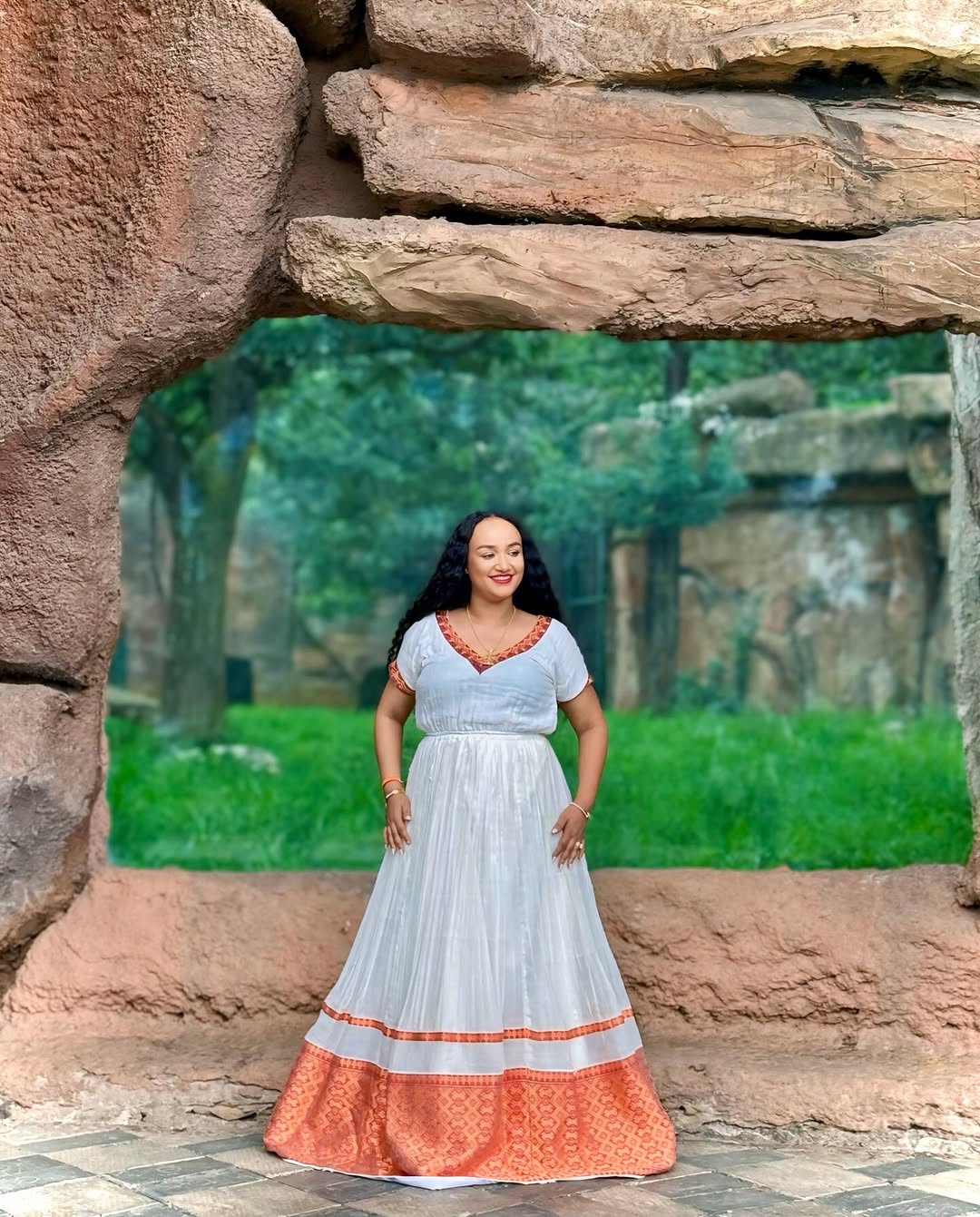 Graceful Habesha Kemis with Soft Orange Accents – Habesah Dress – Ethiopian Traditional Clothing