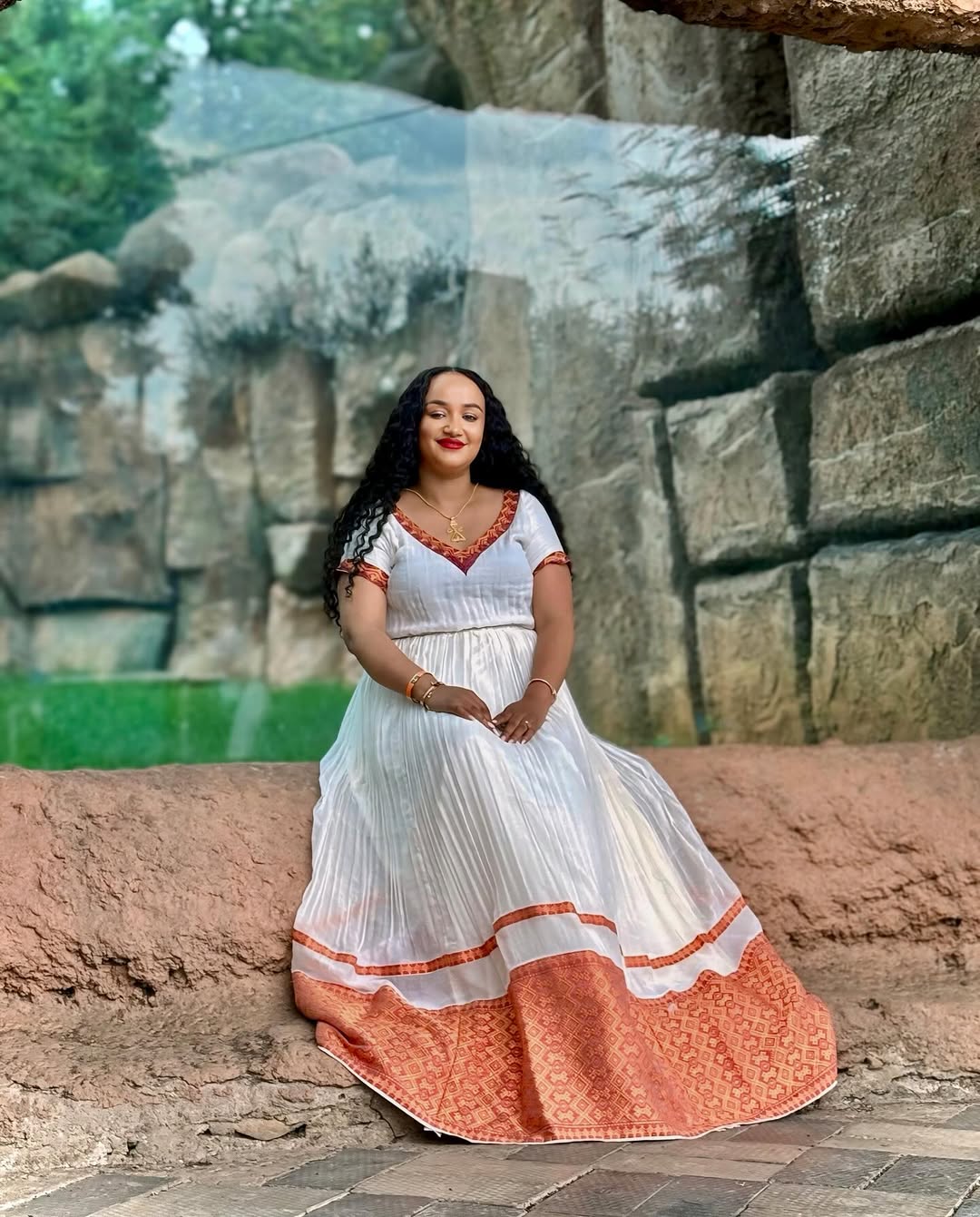 Graceful Habesha Kemis with Soft Orange Accents – Habesah Dress – Ethiopian Traditional Clothing