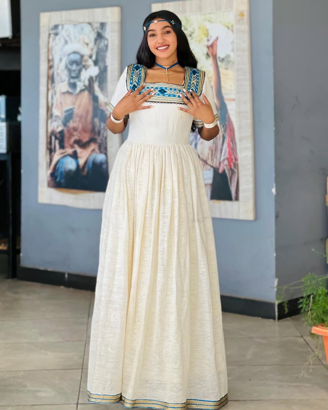 Chic Ethiopian Traditional Dress: White Habesha Kemis with Blue & Silver Accents